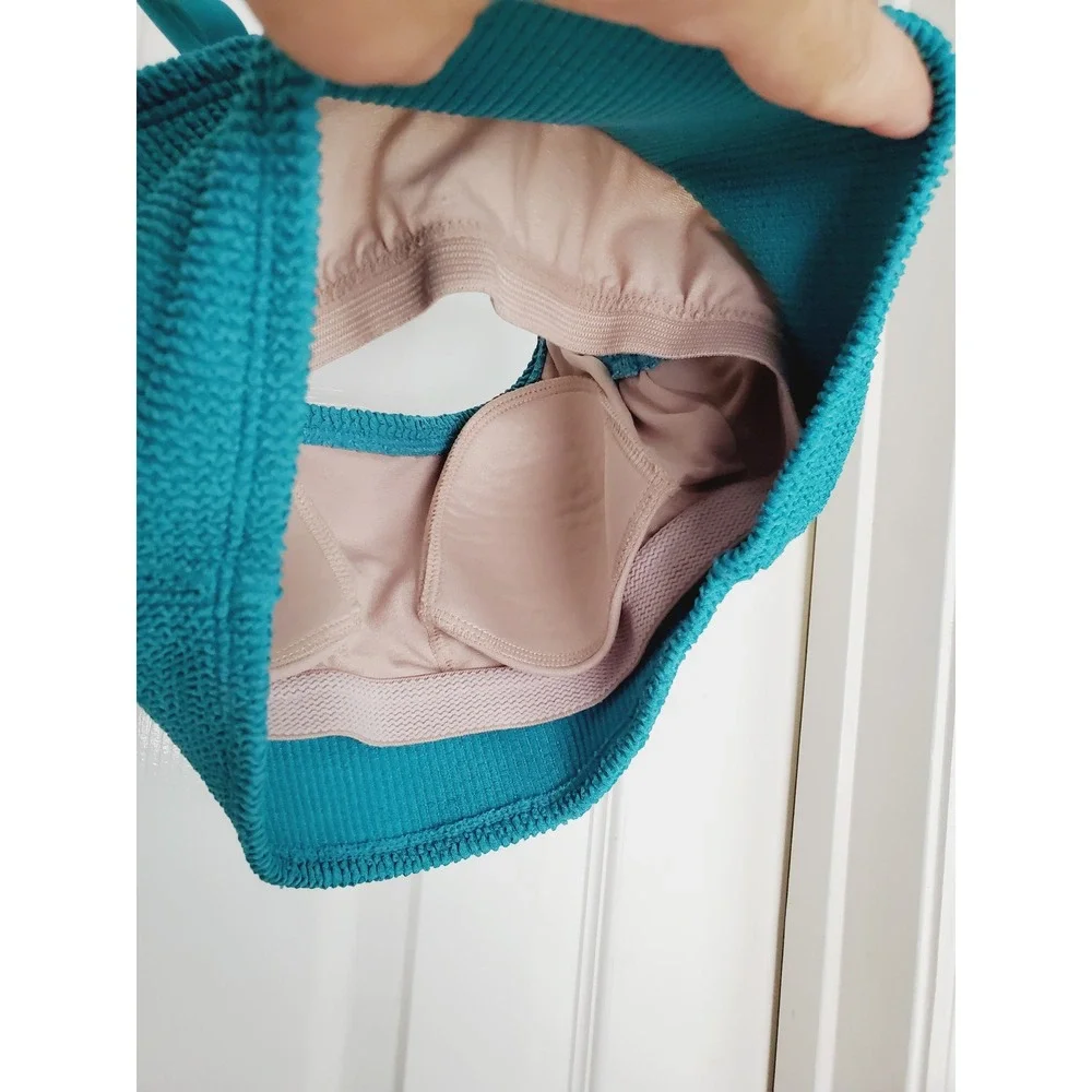 Bikini‎ Set Teal Textured Smocked High Waist Two Piece Swimsuit S/M
